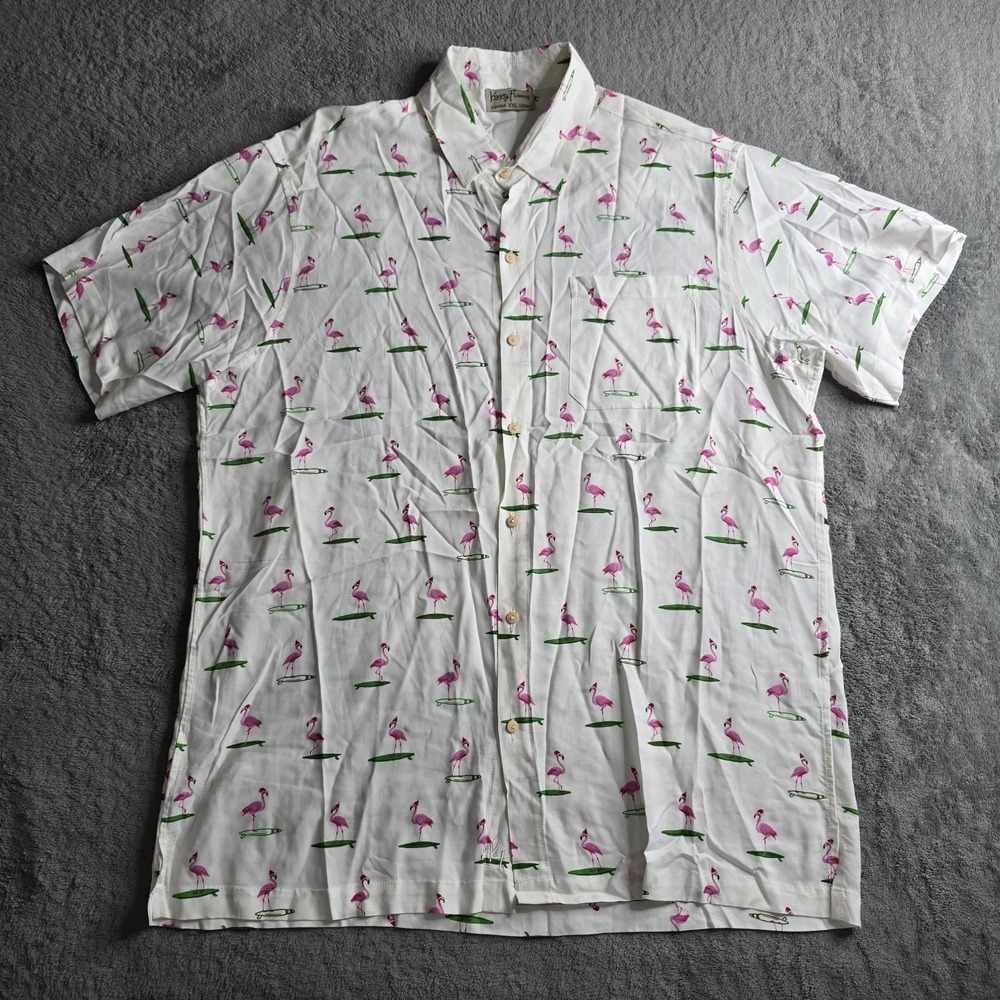 Kenny Flowers Shirt Mens XXL White Pink Flamingos Santa Hat Surf Limited Edition